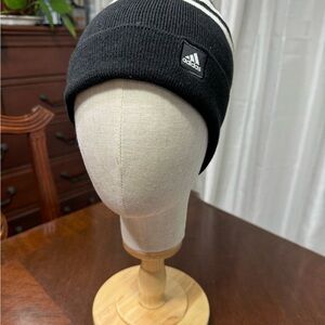 Adidas Black Knit Hat with White Stripes